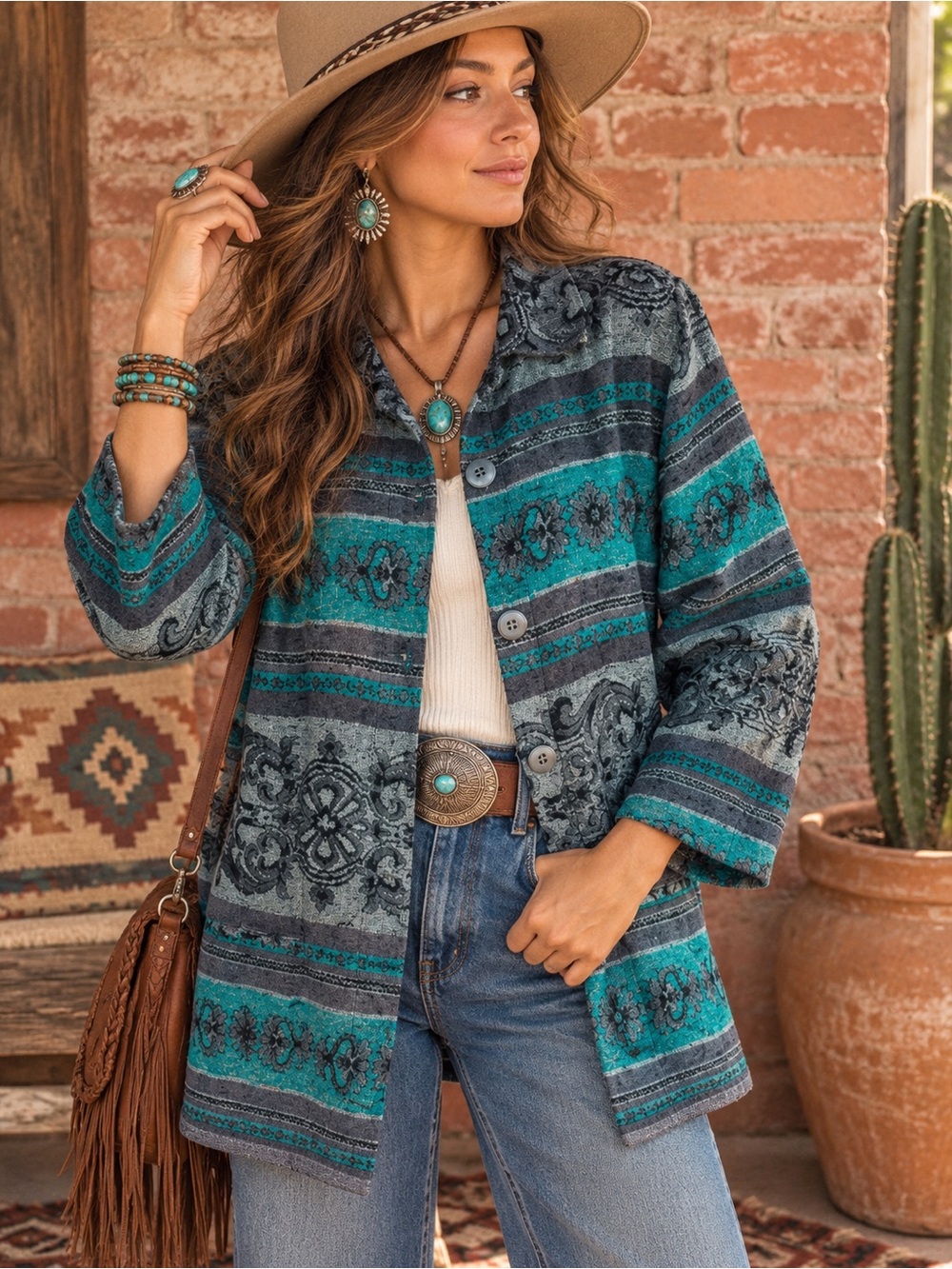 Vintage Leslie Fay Turquoise and Gray Southwestern Floral Tapestry Jack…